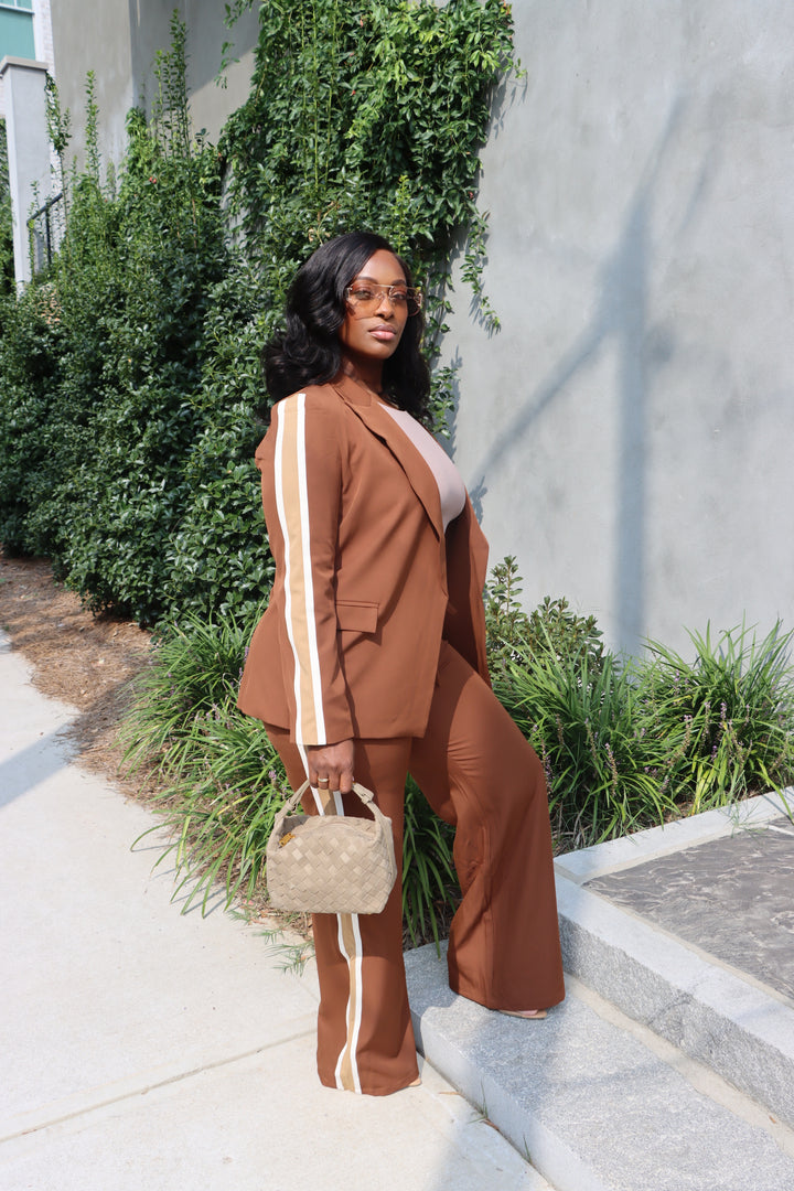 Brown Side-Stripe Blazer Set