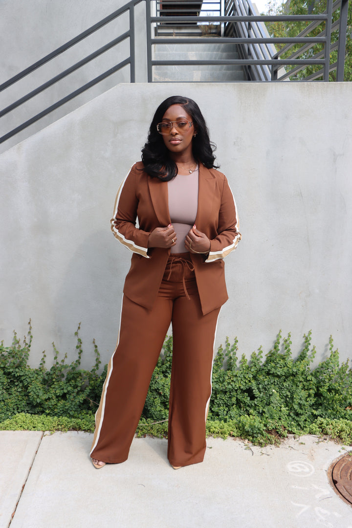 Brown Side-Stripe Blazer Set