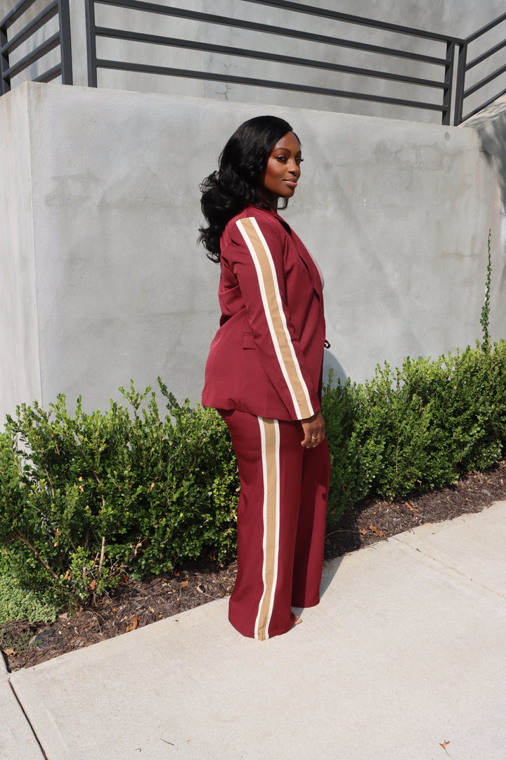 Wine Side-Stripe Blazer Set