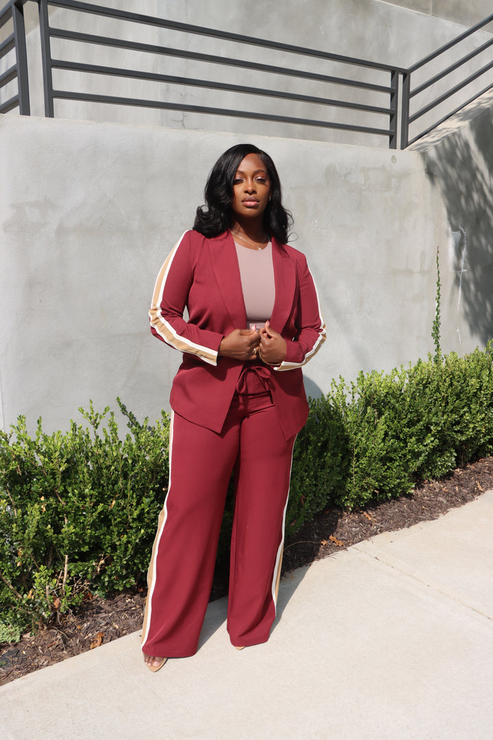 Wine Side-Stripe Blazer Set