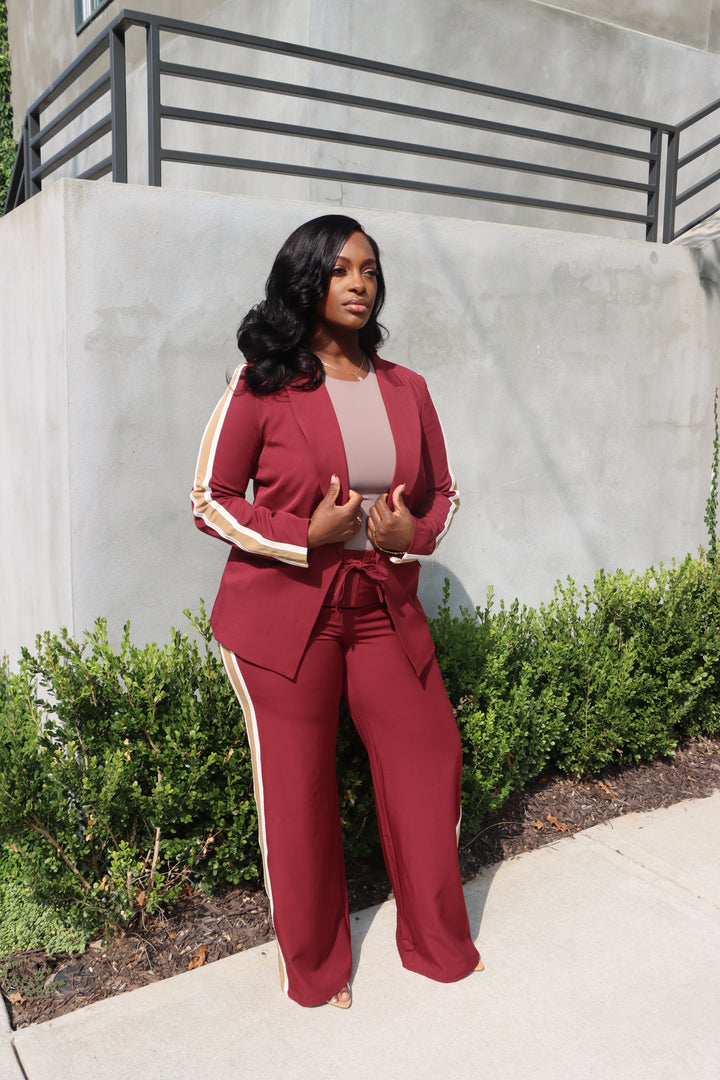 Wine Side-Stripe Blazer Set