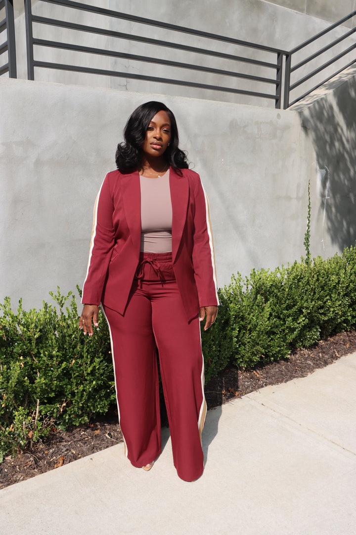 Wine Side-Stripe Blazer Set