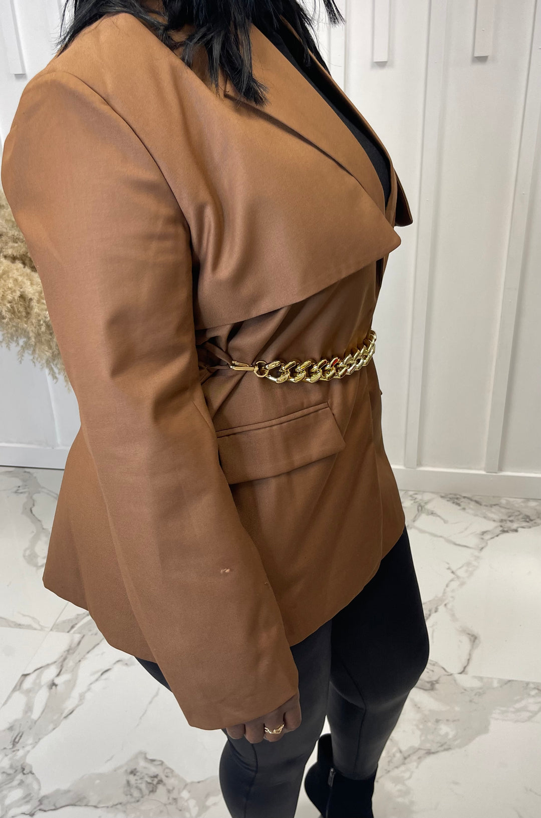 Brown Flare Pocket Blazer Dress