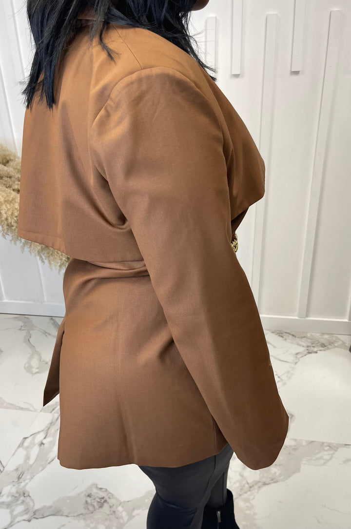 Brown Flare Pocket Blazer Dress